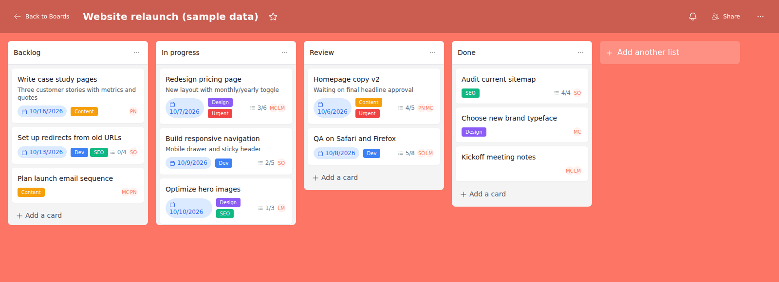 A kanban board with sample cards, labels, due dates and checklists